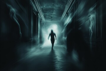 Poster - Dark hallway, figure walks, ghostly figures loom.