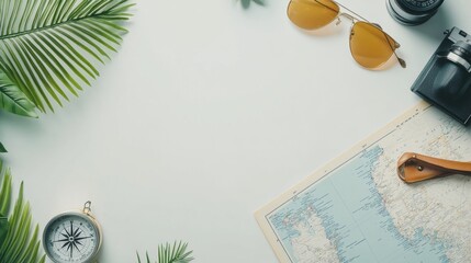 Poster - Essential travel items like a map and compass sit on a white background surrounded by tropical leaves, with room for personalized text. Generative AI