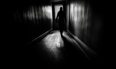 Poster - Dark hallway, shadowy figure, distant light.