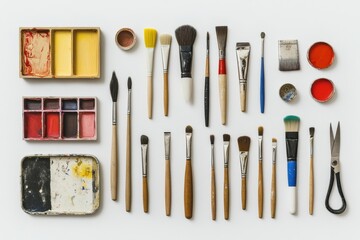 Poster - Brushes, scissors, glue, and small acrylic paints are neatly placed, ready for a weekend of creative DIY activities and art projects. Generative AI