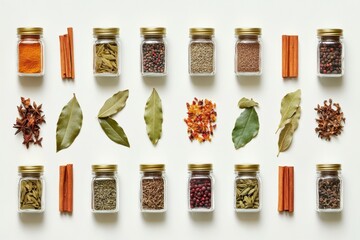 Fototapete - Various colorful spices are neatly arranged in small jars, accompanied by bay leaves and cinnamon sticks, ideal for enhancing dishes. Generative AI