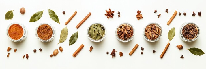Fototapete - Small jars of vibrant spices, cinnamon sticks, and bay leaves are arranged artistically on a white surface, inviting culinary creativity. Generative AI