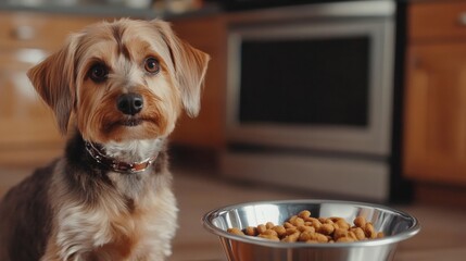 Poster - A dog with a collar patiently sits next to a shiny stainless steel bowl filled with food, highlighting a cozy kitchen atmosphere. Generative AI