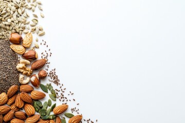 Fototapete - Various organic seeds, nuts, and herbs laid out on a white surface with ample empty space for adding text or marketing content. Generative AI