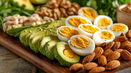 Wall Mural - A neatly arranged platter of low-carb snacks, including sliced avocado, hard-boiled eggs, and nuts, on a wooden table 