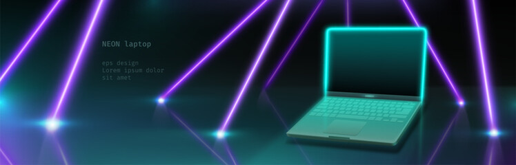 Wall Mural - neon laptop and laser beams on black background. vector realistic illustration of turquoise computer