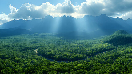 Wall Mural - Sunbeams illuminate lush green valley and majestic mountains.