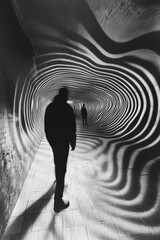 Poster - Silhouetted figures in wavy, monochrome tunnel.