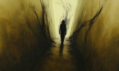 Poster - Shadowy figure walks through dark, glowing corridor.