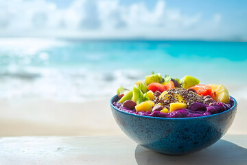 fresh breakfast bowl with vibrant acai base, topped with colorful fruits like kiwi, pineapple, and berries, set against beautiful beach backdrop