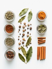 Fototapete - Vibrant spices are displayed in small jars alongside bay leaves and cinnamon, creating an aromatic setting with space for text. Generative AI