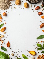 Poster - A variety of organic seeds, nuts, and herbs are beautifully arranged on a white surface, offering ample space for additional text or branding. Generative AI