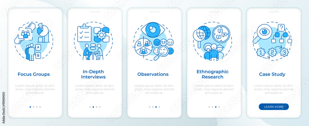 Market research methods blue onboarding mobile app screen. Walkthrough ...
