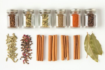 Fototapete - Colorful spices in jars are arranged neatly with bay leaves and cinnamon sticks, creating an aromatic display that invites culinary creativity. Generative AI