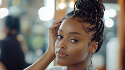 Wall Mural - a black woman in a salon chair, receiving a protective hairstyle treatment, such as braids or twists