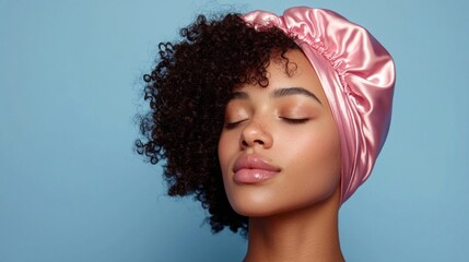 Wall Mural - a woman wearing a satin bonnet to protect her curly hair while sleeping, emphasizing hair care for o