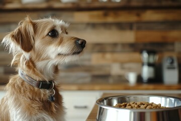Poster - A dog with a collar sits attentively beside a stainless steel bowl loaded with kibble in a warm kitchen environment, ready for mealtime. Generative AI