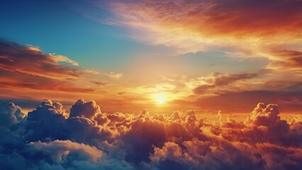 Wall Mural - Fantasy vibrant panoramic sunset sky - Gradient rich colors - ethereal dreamy summer sunset or sunrise sky. Uplifting and peaceful sky. - blue, orange, yellow vibrant rich colors, 4k image