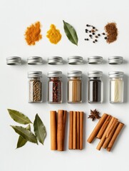 Fototapete - Small glass jars filled with vibrant spices are arranged alongside bay leaves and cinnamon sticks, creating a perfect setup for culinary inspiration. Generative AI
