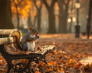 Canvas Print - Squirrel enjoying a nut on a park bench. AI.