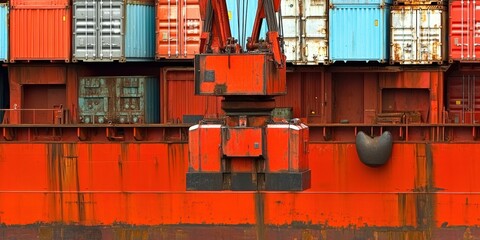 Canvas Print - Rusty red cargo ship with colorful containers. AI.