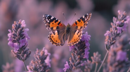 Sticker - Butterfly on lavender flowers. AI.