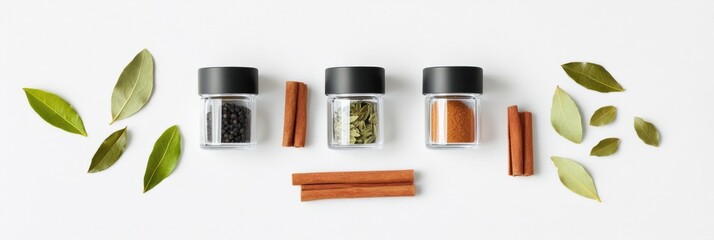 Fototapete - Colorful spices in jars, surrounded by bay leaves and cinnamon sticks, create an aromatic experience. Add more text if needed!. Generative AI