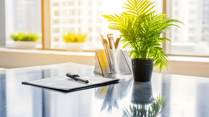 Fototapete - A modern workspace with a reflective surface, a potted plant, stationery, and a notepad, illuminated by natural light from a nearby window