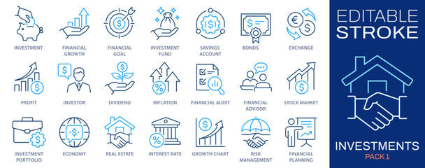 Investment line icons, such as economy, financial growth, profit and more. Vector illustration. Easily changes to any color.