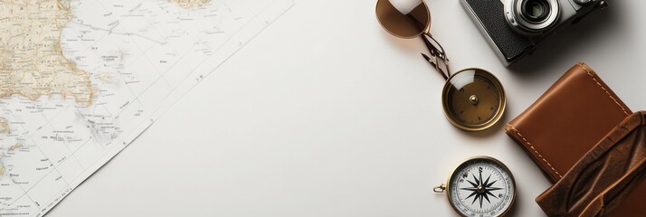 Aufkleber - Travel essentials including a map, compass, small camera, and sunglasses are arranged on a white background with space for text. Generative AI