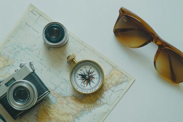 Poster - Preparation for exploring includes a map, compass, camera, and sunglasses, set against a clean white background with space for notes. Generative AI