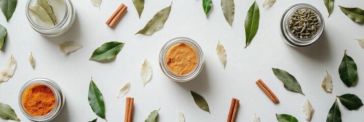 Fototapete - Small jars filled with vibrant spices are arranged alongside fresh bay leaves and cinnamon sticks, creating a rich aromatic display. Generative AI
