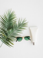 Poster - Bright and inviting summer accessories featuring stylish sunglasses, sunscreen for sun protection, and a tropical leaf on a clean backdrop. Generative AI