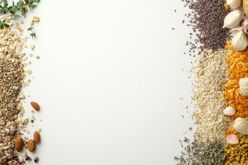 Poster - Colorful organic seeds, nuts, and herbs are thoughtfully arranged on a white background, leaving ample space for text and design. Generative AI