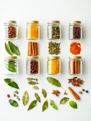 Fototapete - Small jars filled with vibrant spices are arranged with bay leaves and cinnamon sticks, offering an inviting and aromatic display. Generative AI
