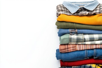 Poster - Colorful clothing items like shirts and pants are neatly stacked on a white surface, providing ample blank space for text or labels. Generative AI
