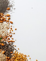 Poster - Colorful assortment of organic seeds, nuts, and herbs displayed on a white background, leaving ample room for text and design elements. Generative AI