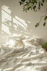 Sticker - Sunlit bedding, plant, and shadows on wall.