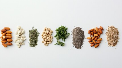 Poster - Organic seeds, nuts, and herbs are arranged neatly on a white surface, with ample space available for additional text or design elements. Generative AI