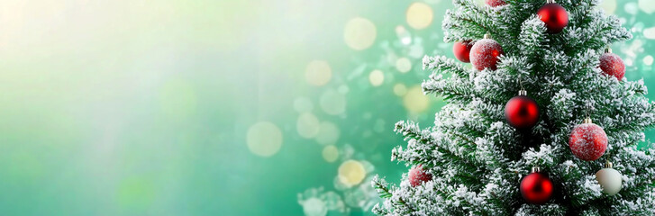 Wall Mural - christmas tree with red ornaments and bokeh lights on green background banner, panorama.