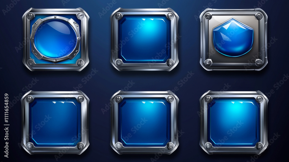 Ilustración de Stock Blue buttons with silver decorative frames for rpg ...
