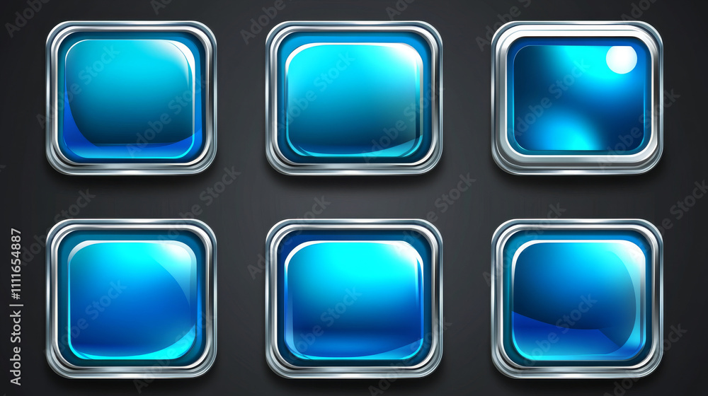 Blue buttons with silver decorative frames for rpg game interface ...