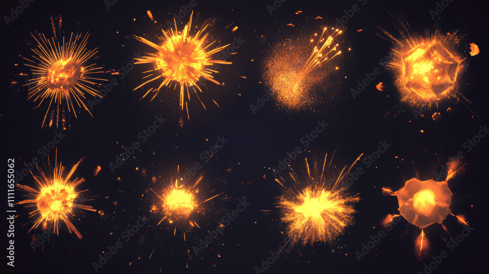 Firework Gui Ilustração Game fireworks, yellow explode effect burst sprites for ...