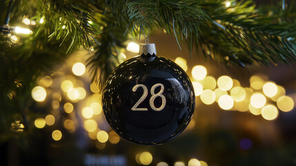 Wall Mural - a Christmas ball with an indication of how much time is left until the new year hangs on a spruce branch and lights of a garland are visible in the background