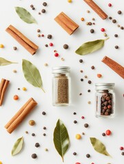 Fototapete - Small jars of vibrant spices, bay leaves, and cinnamon sticks are artfully arranged on a white surface, inviting culinary creativity. Generative AI