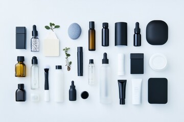 Poster - Variety of skin care containers, including jars, tubes, oils, and serums displayed neatly on white backing, perfect for product advertising. Generative AI