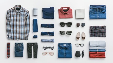 Poster - Various clothing items and accessories are neatly organized on a white background, providing an opportunity for creative messaging or branding. Generative AI