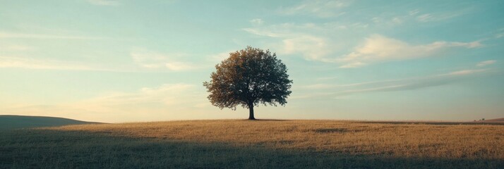 Leinwandbilder - A solitary tree rises above an expansive field as the sunset paints the sky with soft colors, providing ample space for text placement. Generative AI