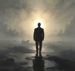 Illustration of man in suit silhouette with dramtaic background.