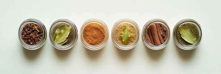 Fototapete - Small jars filled with vibrant spices, fresh bay leaves, and cinnamon sticks create an aromatic display on a clean white surface. Generative AI